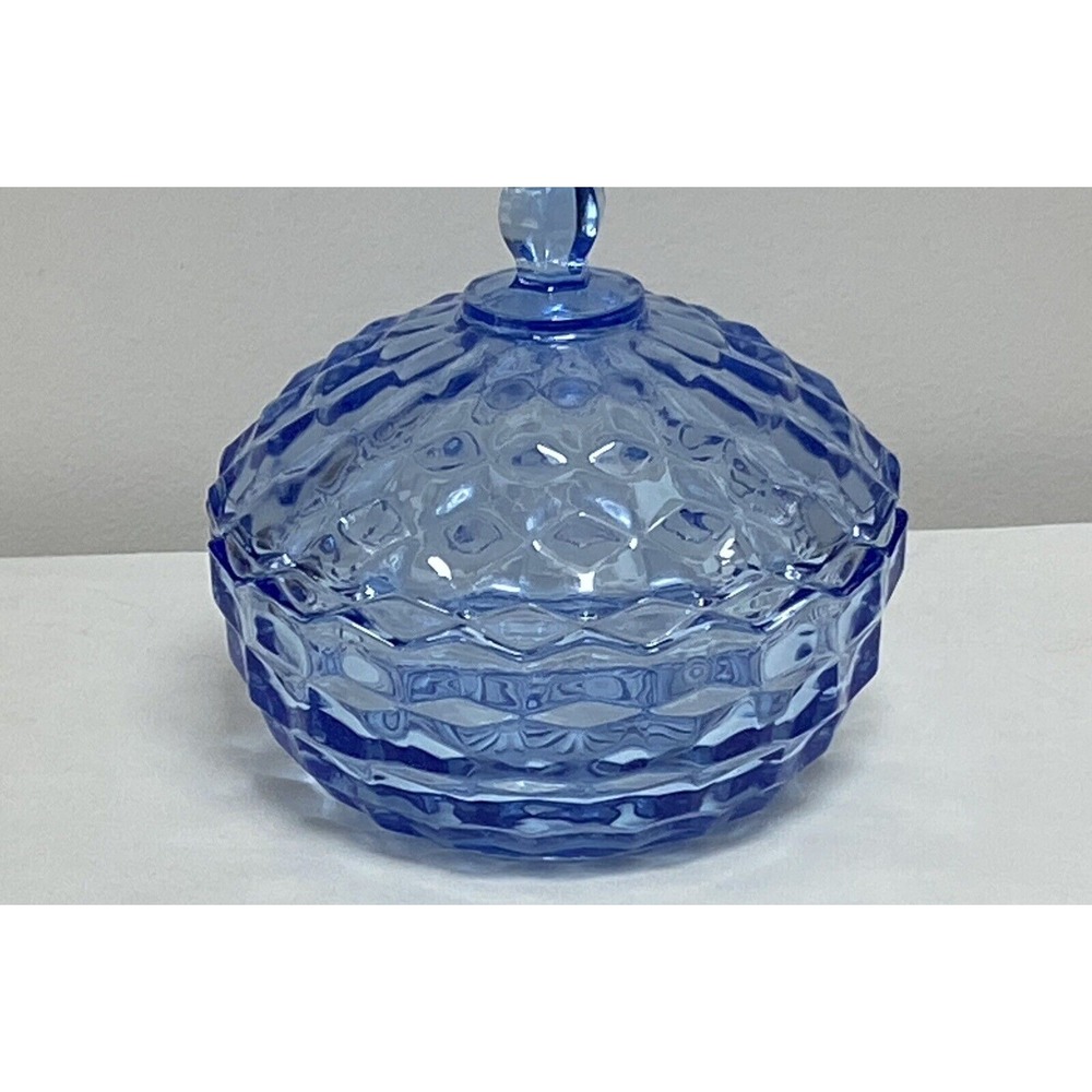 Vintage Fostoria American Cubist Light Blue Candy Dish With Lid